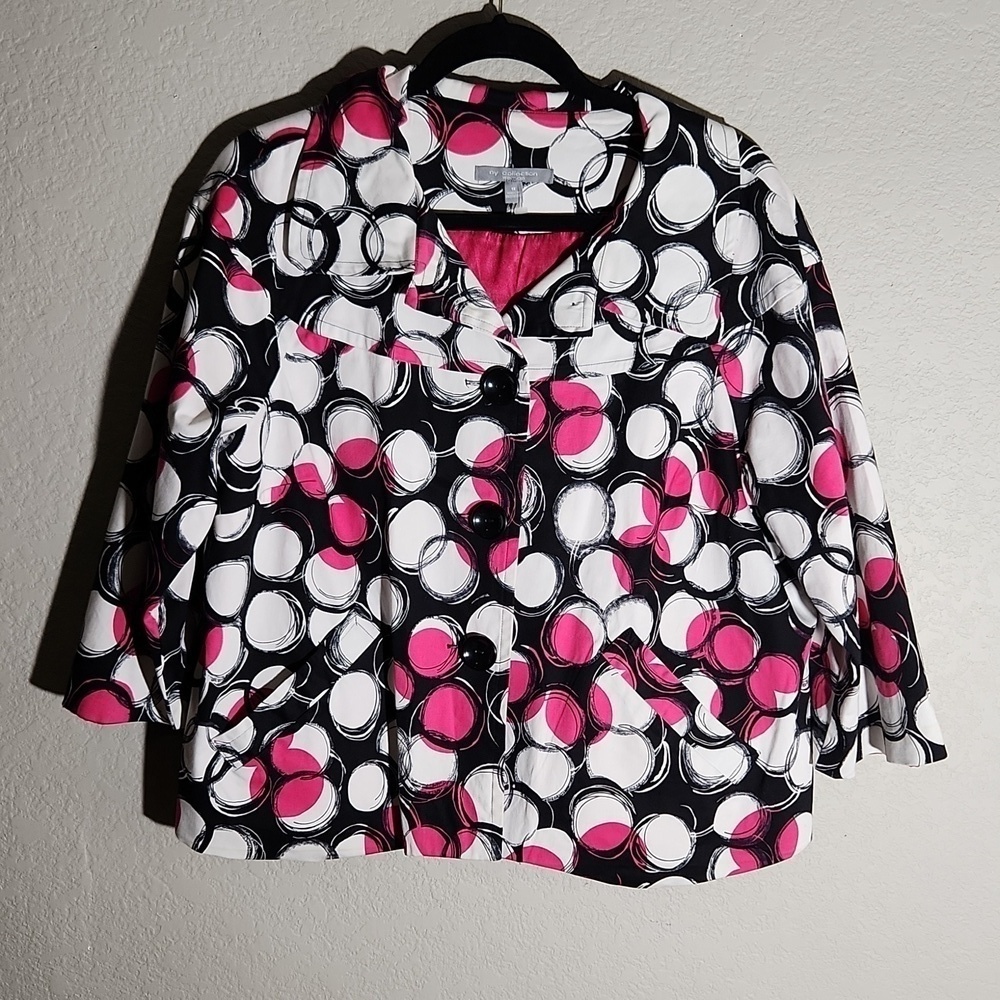 NY Collection Coat Womens Size 1X Swing Cropped Pink White Black Pleated Circle